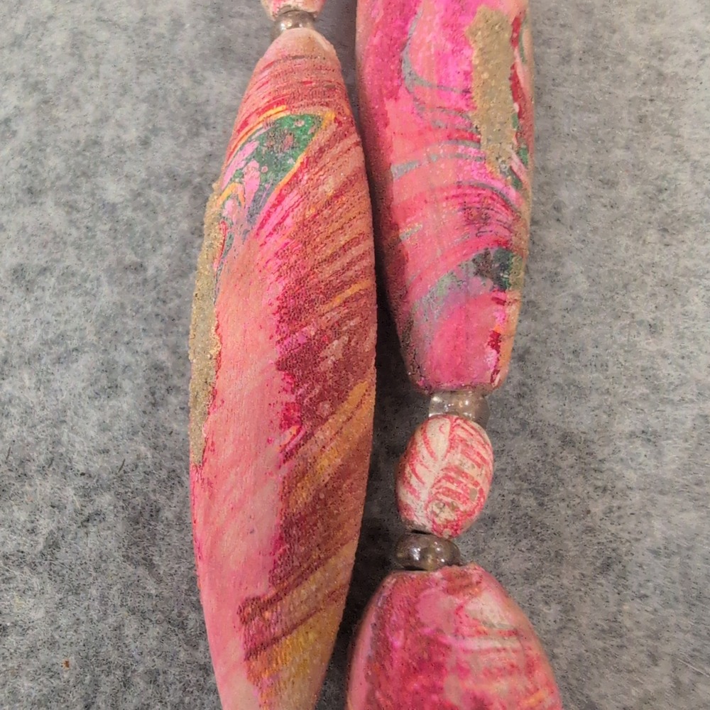 Handmade Beaded Necklace Pink Marbled Drop Pendant Y Necklace - Picture 4 of 6